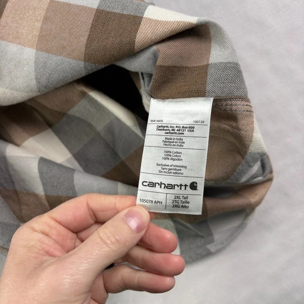 Carhartt Flannel Shirt Mens 2XLT Tall Gray Brown Heavyweight Button Up Workwear